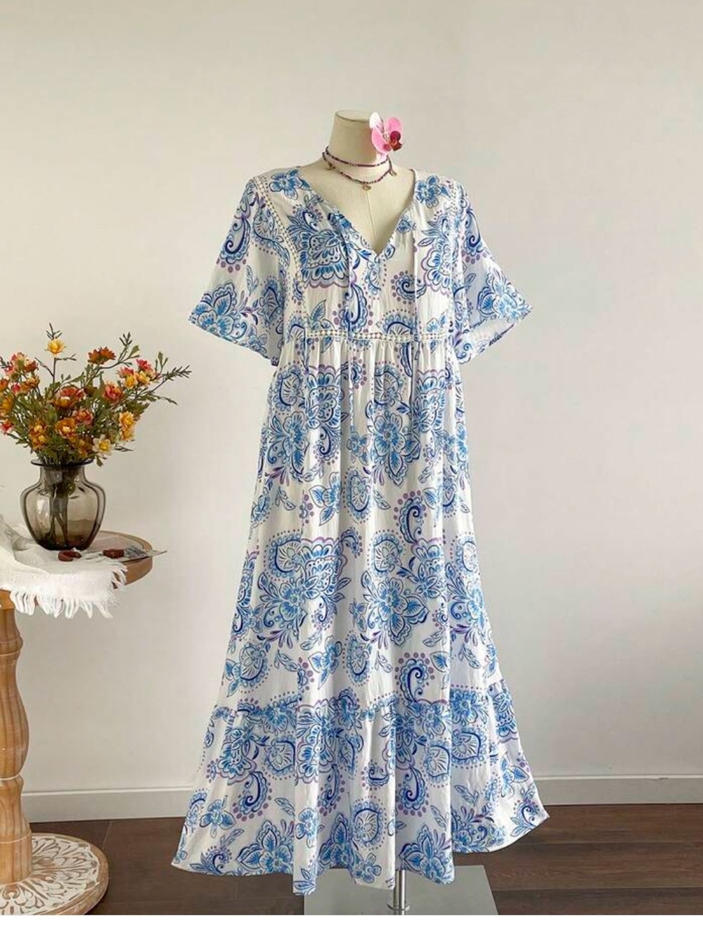 SHEIN Blue & White Paisley Tiered Maxi Dress | Plus Size